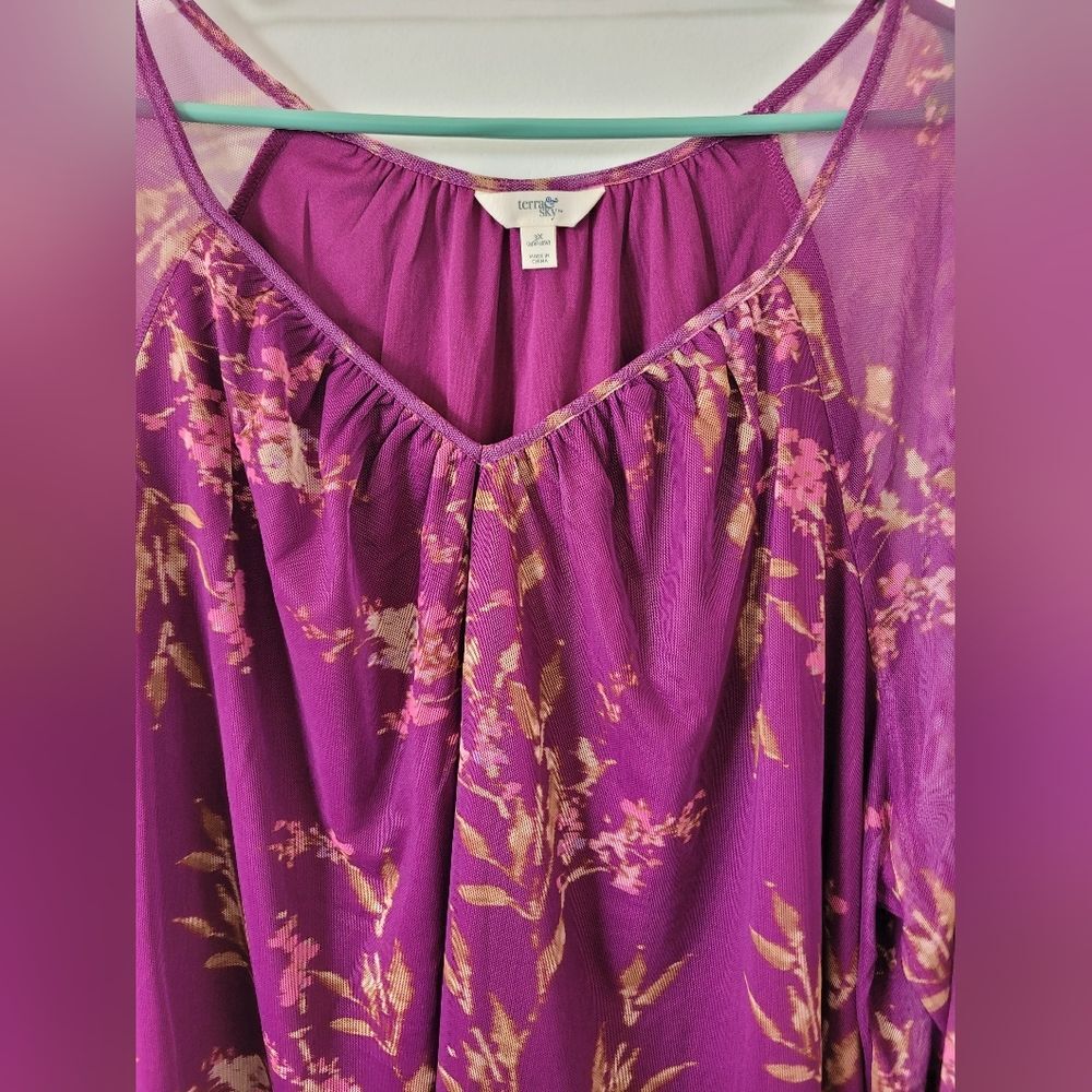 Purple Floral Sheer Mesh Plus Size Knit Blouse Top 3X Pullover V Neck Mature - Picture 4 of 8